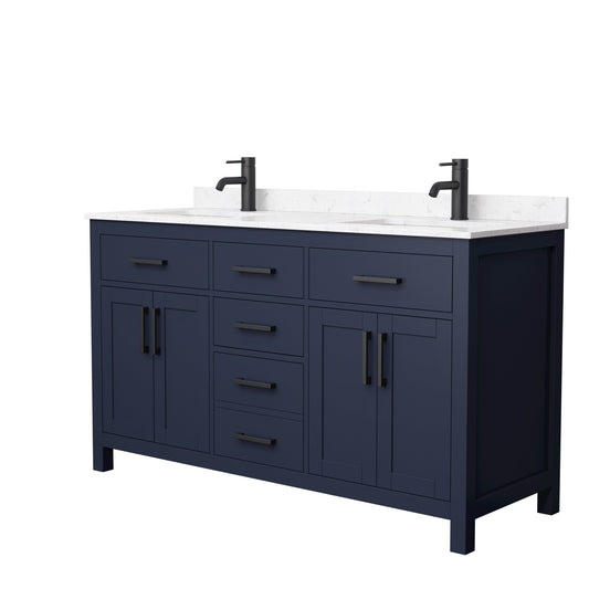 Wyndham Collection Beckett 60" Double Bathroom Dark Blue Vanity With White Carrara Cultured Marble Countertop, Undermount Square Sink And Matte Black Trim