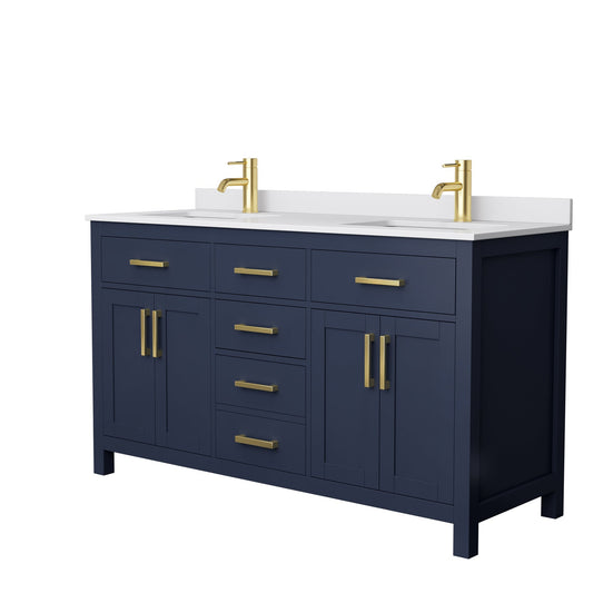 Wyndham Collection Beckett 60" Double Bathroom Dark Blue Vanity With White Cultured Marble Countertop, Undermount Square Sink And Brushed Gold Trim