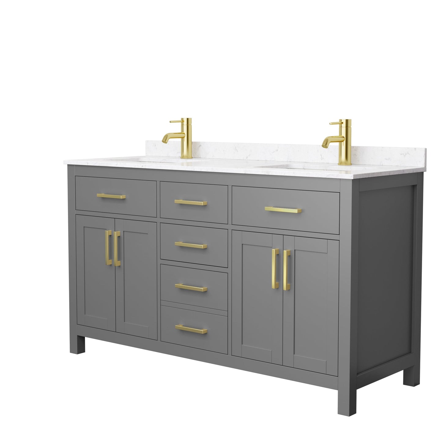 Wyndham Collection Beckett 60" Double Bathroom Dark Gray Vanity With White Carrara Cultured Marble Countertop, Undermount Square Sink And Brushed Gold Trim