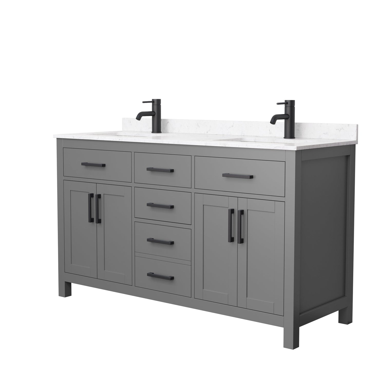 Wyndham Collection Beckett 60" Double Bathroom Dark Gray Vanity With White Carrara Cultured Marble Countertop, Undermount Square Sink And Matte Black Trim