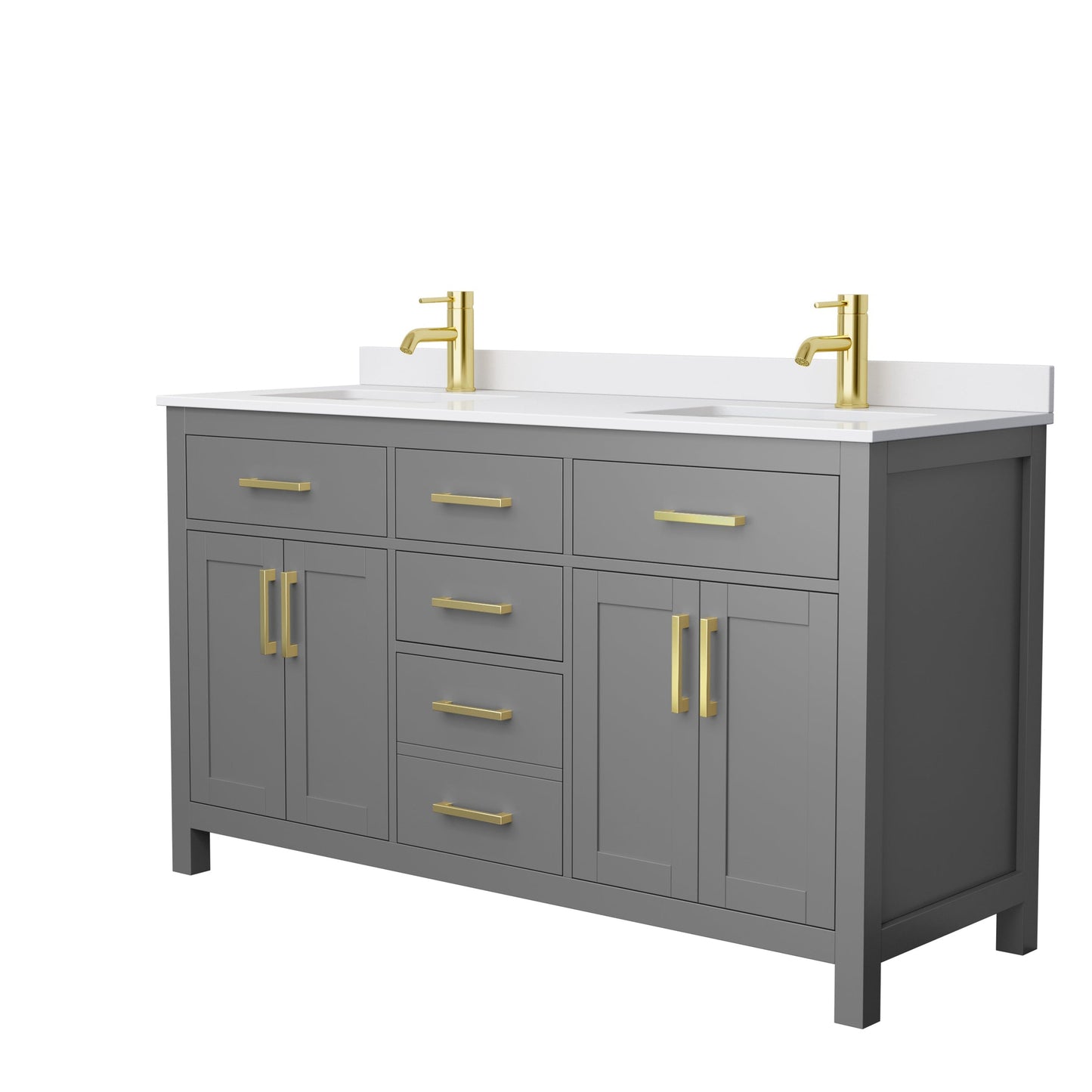 Wyndham Collection Beckett 60" Double Bathroom Dark Gray Vanity With White Cultured Marble Countertop, Undermount Square Sink And Brushed Gold Trim