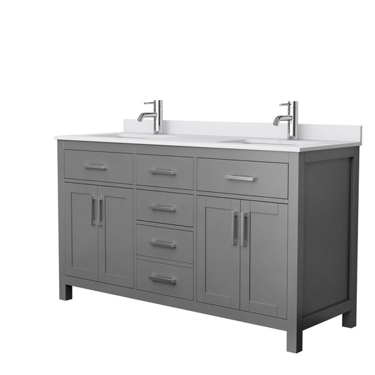 Wyndham Collection Beckett 60" Double Bathroom Dark Gray Vanity With White Cultured Marble Countertop, Undermount Square Sink And Brushed Nickel Trim