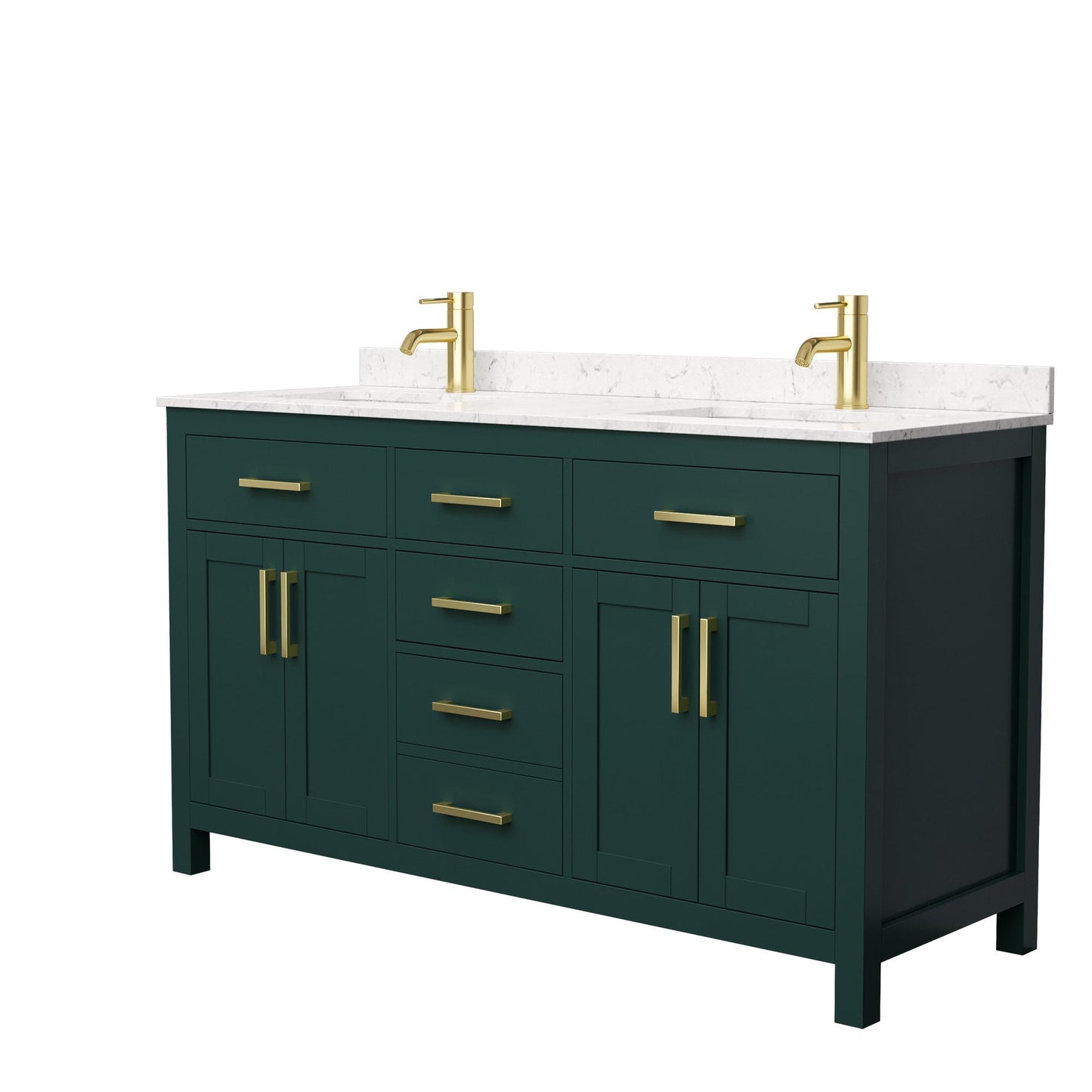 Wyndham Collection Beckett 60" Double Bathroom Green Vanity With White Carrara Cultured Marble Countertop, Undermount Square Sink And Brushed Gold Trim