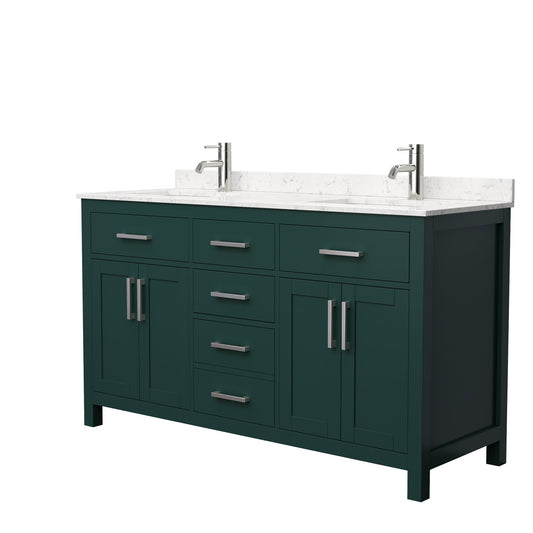 Wyndham Collection Beckett 60" Double Bathroom Green Vanity With White Carrara Cultured Marble Countertop, Undermount Square Sink And Brushed NIckel Trim