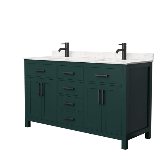 Wyndham Collection Beckett 60" Double Bathroom Green Vanity With White Carrara Cultured Marble Countertop, Undermount Square Sink And Matte Black Trim