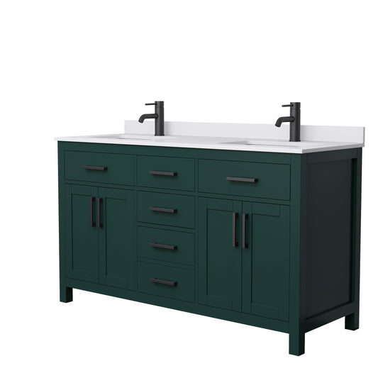 Wyndham Collection Beckett 60" Double Bathroom Green Vanity With White Cultured Marble Countertop, Undermount Square Sink And Matte Black Trim
