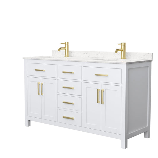 Wyndham Collection Beckett 60" Double Bathroom White Vanity With White Carrara Cultured Marble Countertop, Undermount Square Sink And Brushed Gold Trim