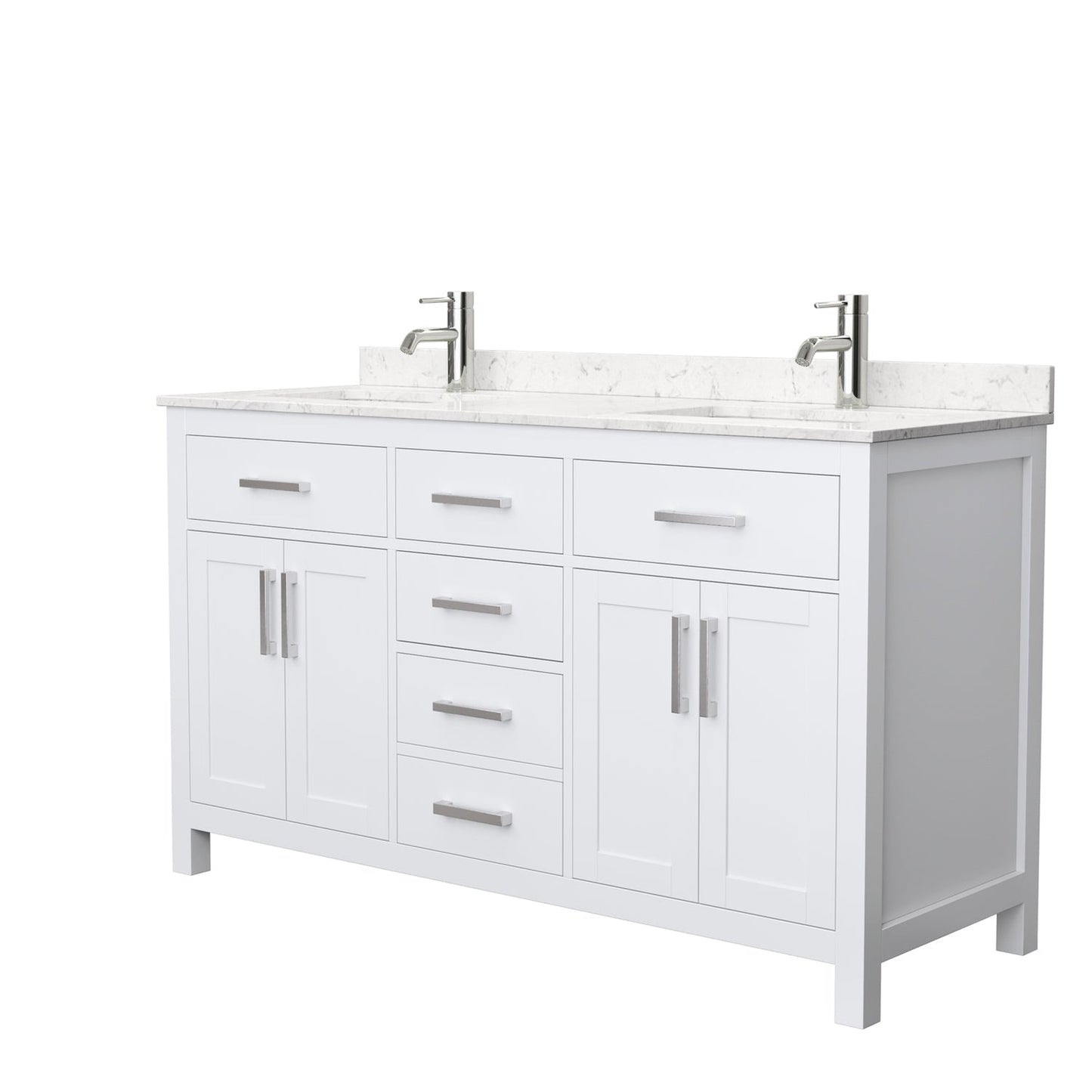 Wyndham Collection Beckett 60" Double Bathroom White Vanity With White Carrara Cultured Marble Countertop, Undermount Square Sink And Brushed Nickel Trim