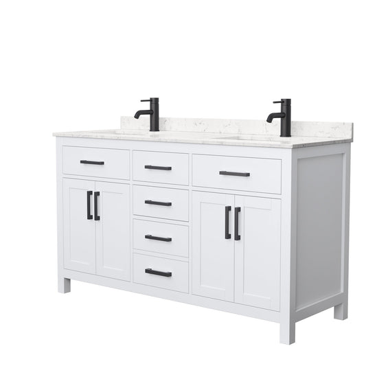 Wyndham Collection Beckett 60" Double Bathroom White Vanity With White Carrara Cultured Marble Countertop, Undermount Square Sink And Matte Black Trim