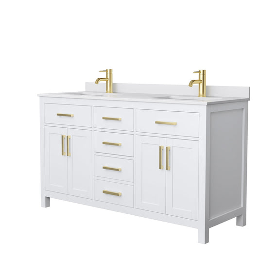 Wyndham Collection Beckett 60" Double Bathroom White Vanity With White Cultured Marble Countertop, Undermount Square Sink And Brushed Gold Trim