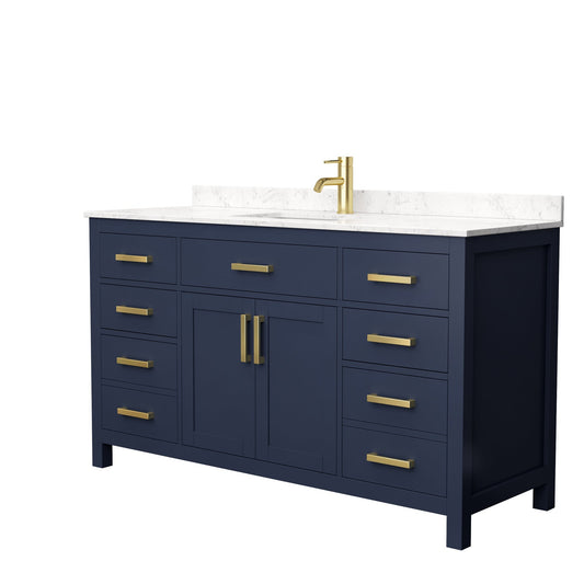 Wyndham Collection Beckett 60" Single Bathroom Dark Blue Vanity With White Carrara Cultured Marble Countertop, Undermount Square Sink And Brushed Gold Trim