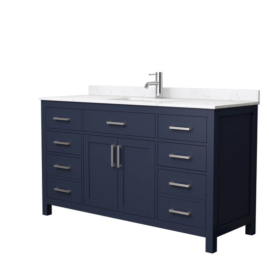 Wyndham Collection Beckett 60" Single Bathroom Dark Blue Vanity With White Carrara Cultured Marble Countertop, Undermount Square Sink And Brushed Nickel Trim