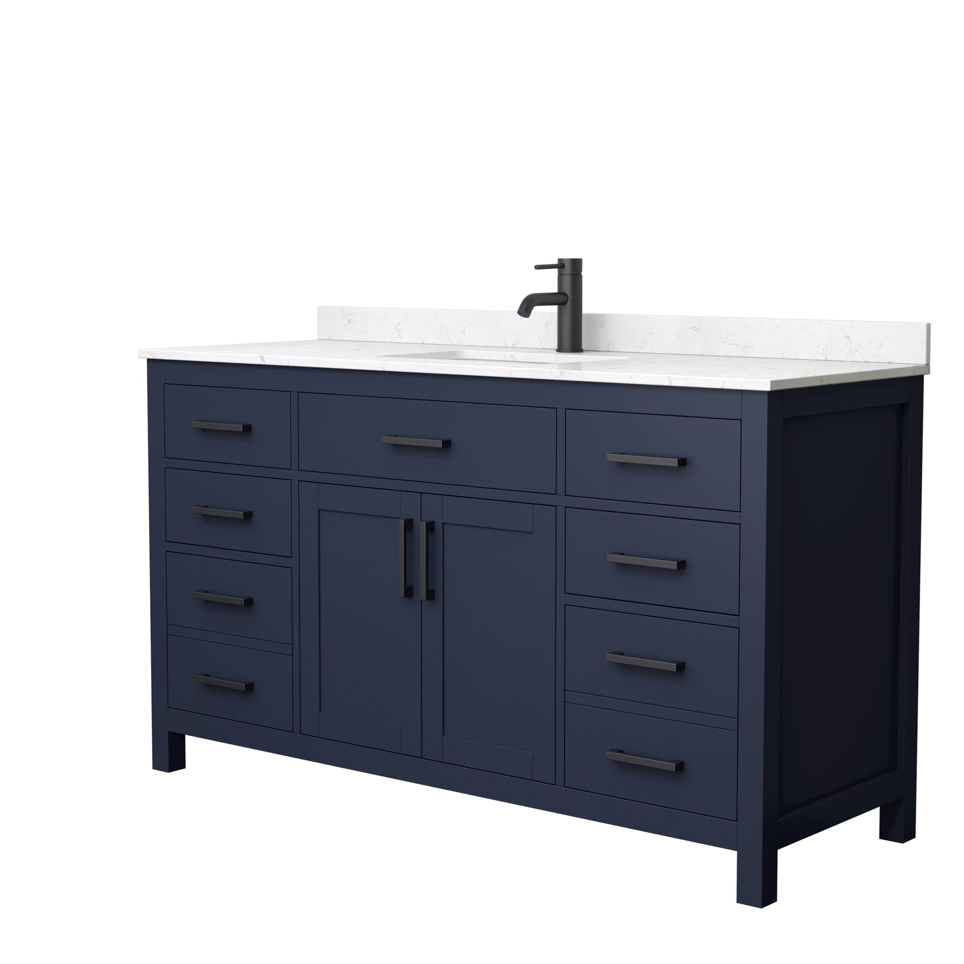 Wyndham Collection Beckett 60" Single Bathroom Dark Blue Vanity With White Carrara Cultured Marble Countertop, Undermount Square Sink And Matte Black Trim