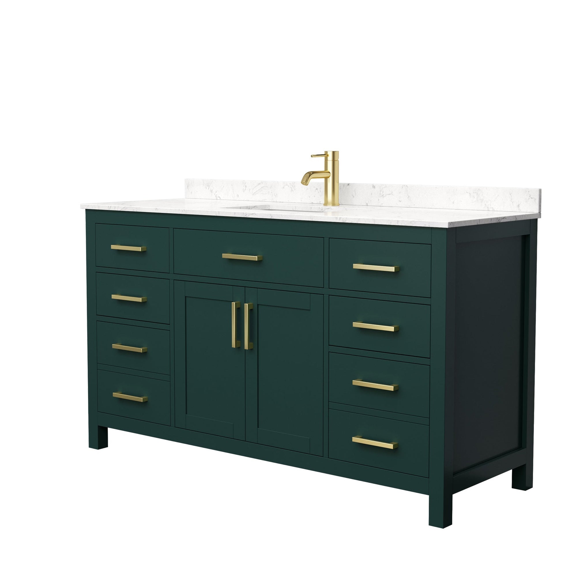 Wyndham Collection Beckett 60" Single Bathroom Green Vanity With White Carrara Cultured Marble Countertop, Undermount Square Sink And Brushed Gold Trim