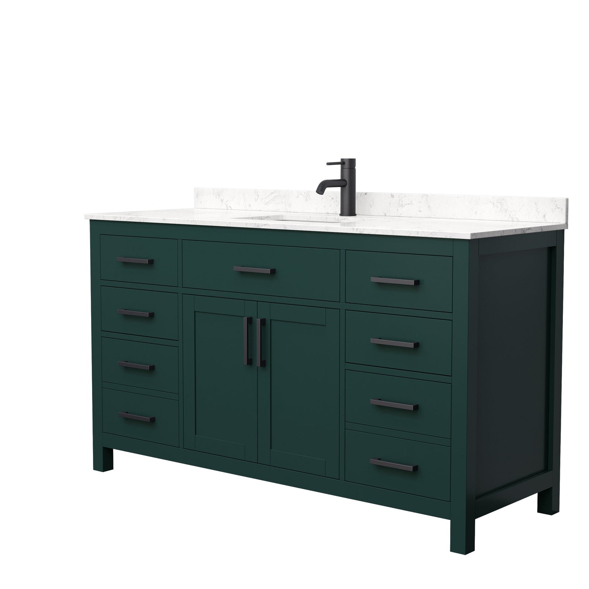 Wyndham Collection Beckett 60" Single Bathroom Green Vanity With White Carrara Cultured Marble Countertop, Undermount Square Sink And Matte Black Trim