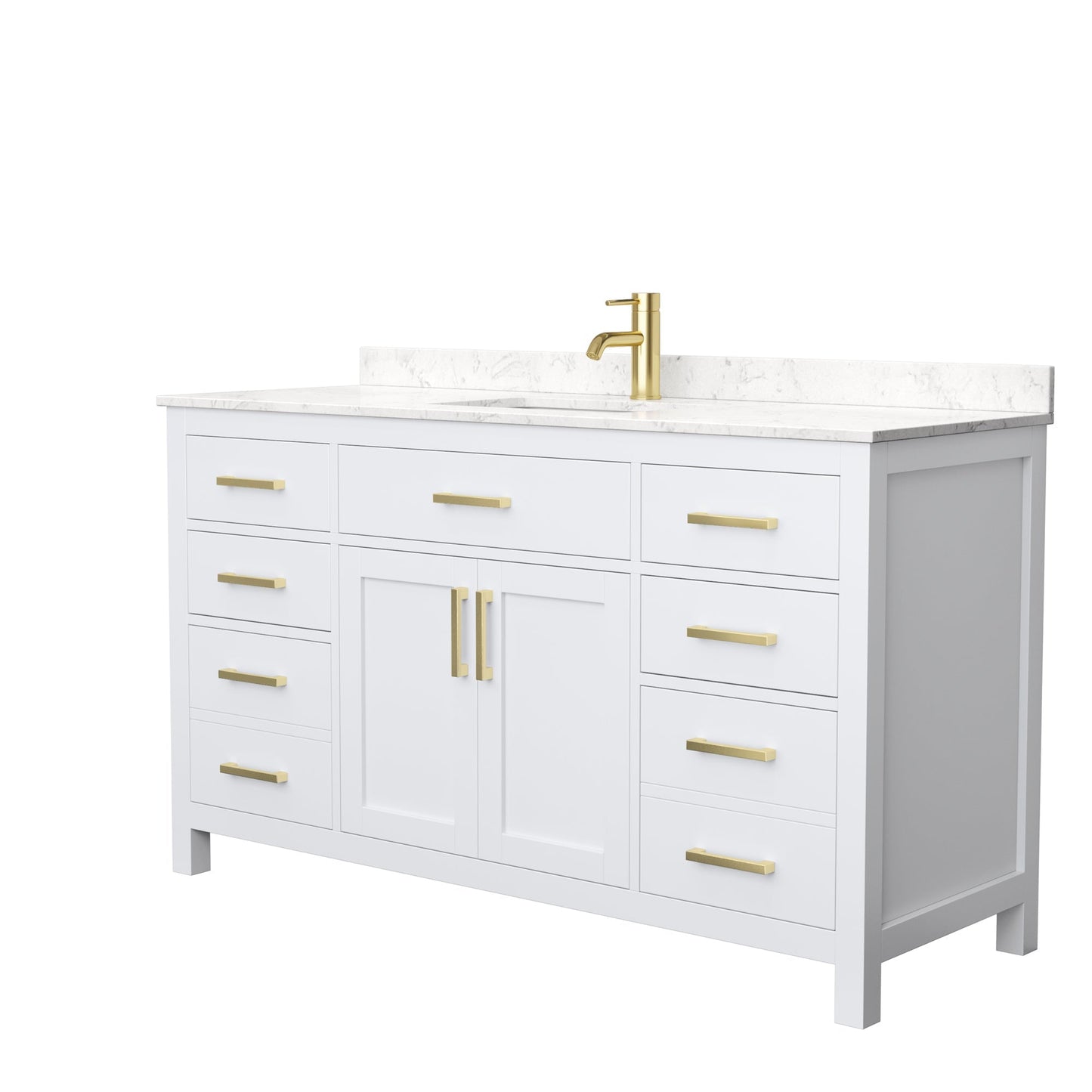 Wyndham Collection Beckett 60" Single Bathroom White Vanity With White Carrara Cultured Marble Countertop, Undermount Square Sink And Brushed Gold Trim