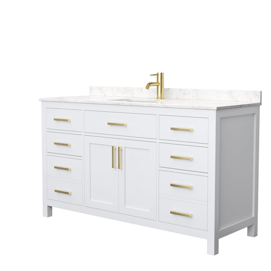 Wyndham Collection Beckett 60" Single Bathroom White Vanity With White Carrara Cultured Marble Countertop, Undermount Square Sink And Brushed Gold Trim