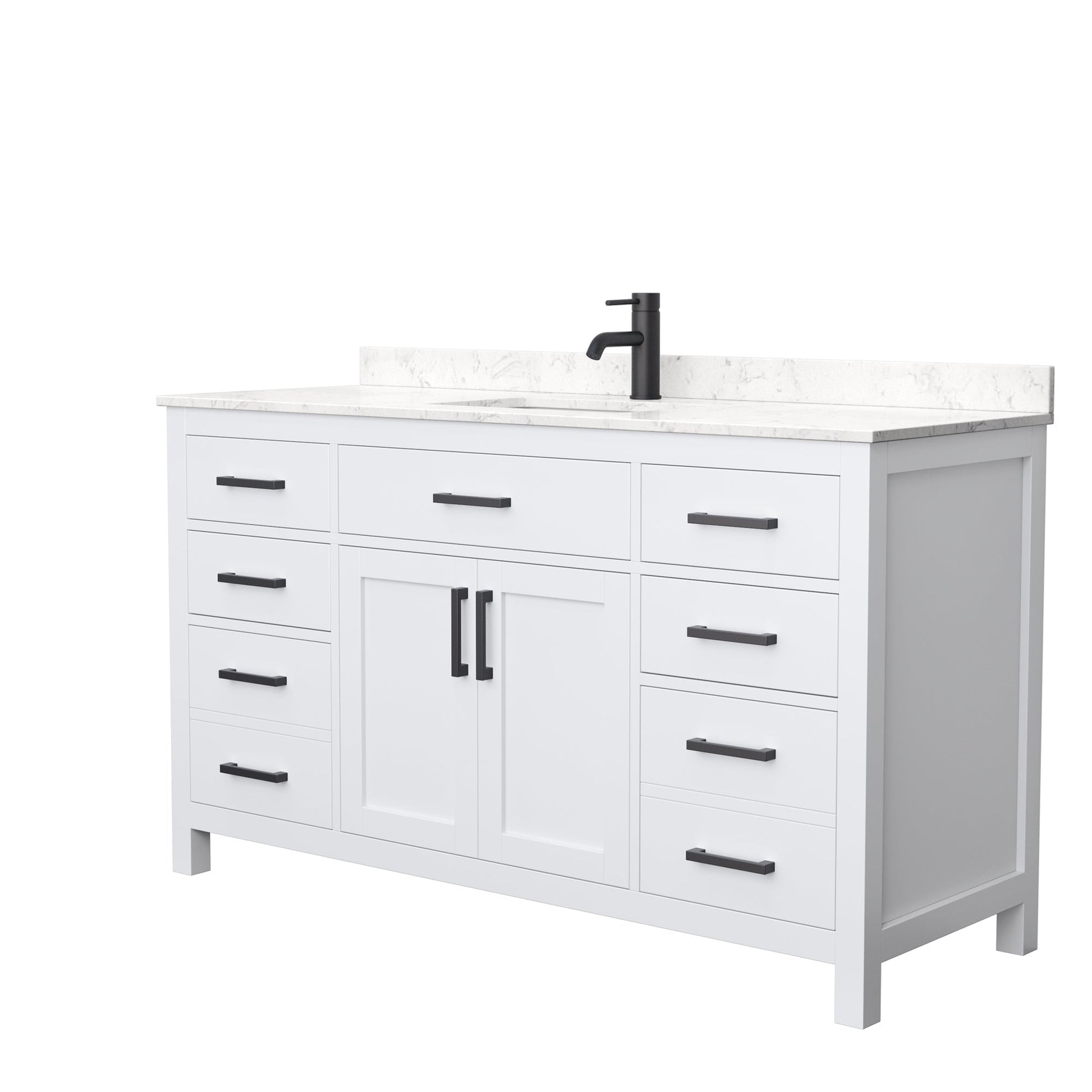 Wyndham Collection Beckett 60" Single Bathroom White Vanity With White Carrara Cultured Marble Countertop, Undermount Square Sink And Matte Black Trim