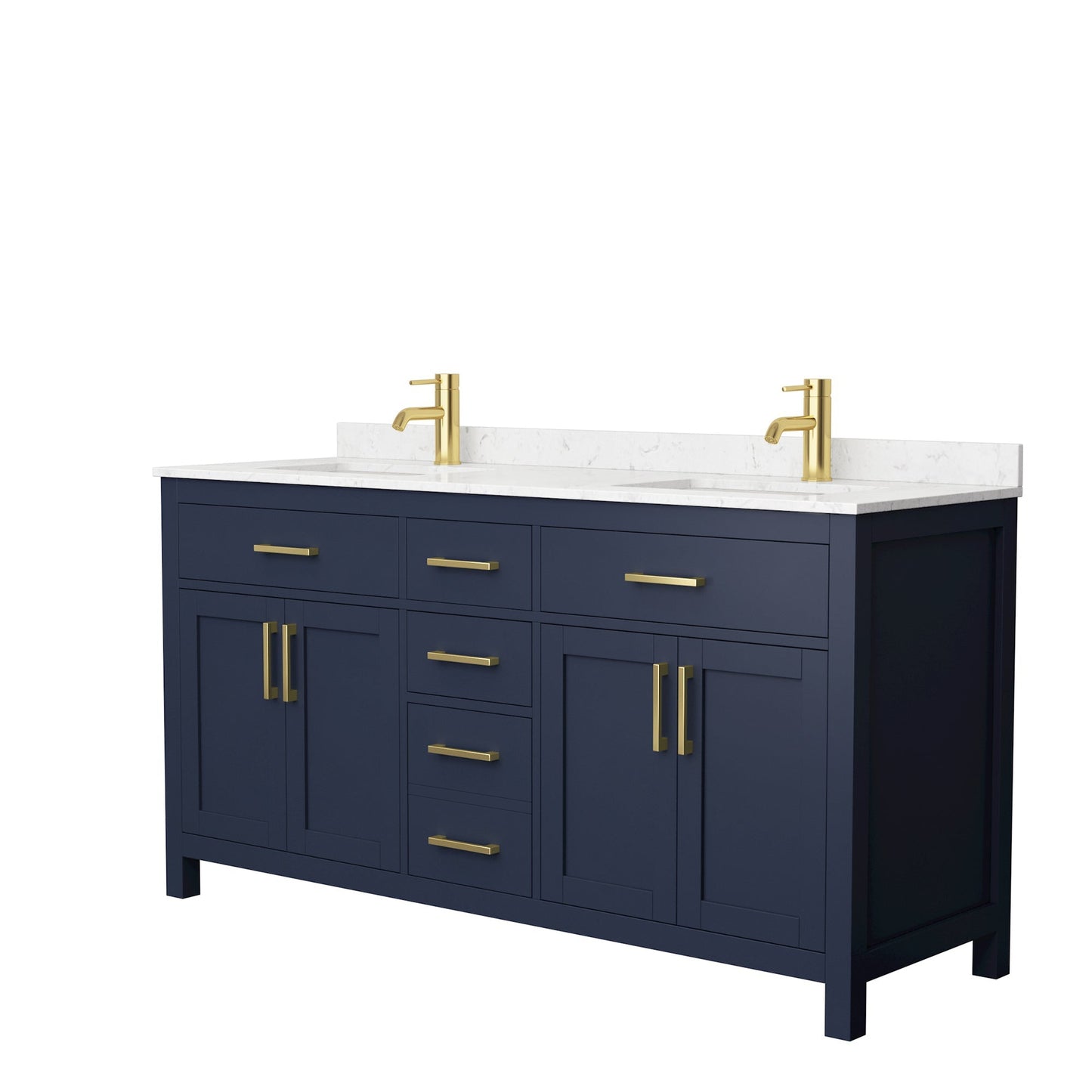 Wyndham Collection Beckett 66" Double Bathroom Dark Blue Vanity With White Carrara Cultured Marble Countertop, Undermount Square Sink And Brushed Gold Trim