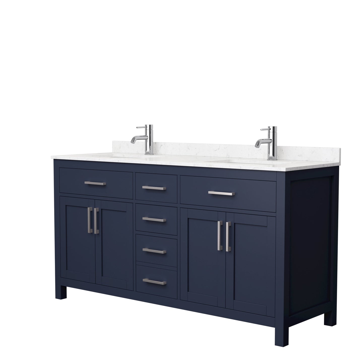 Wyndham Collection Beckett 66" Double Bathroom Dark Blue Vanity With White Carrara Cultured Marble Countertop, Undermount Square Sink And Brushed NIckel Trim