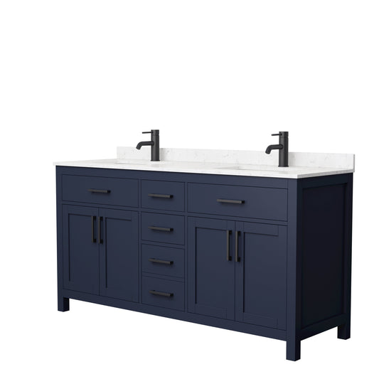 Wyndham Collection Beckett 66" Double Bathroom Dark Blue Vanity With White Carrara Cultured Marble Countertop, Undermount Square Sink And Matte Black Trim