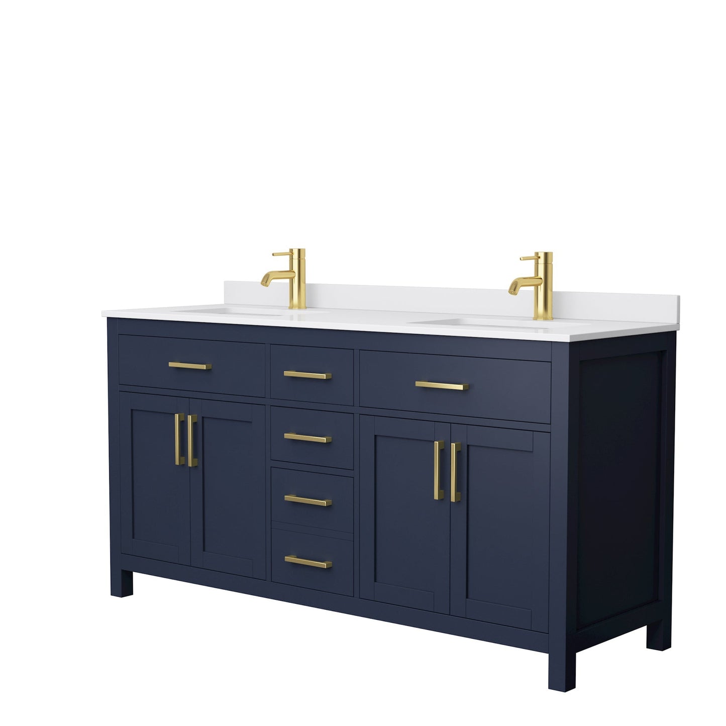 Wyndham Collection Beckett 66" Double Bathroom Dark Blue Vanity With White Cultured Marble Countertop, Undermount Square Sink And Brushed Gold Trim