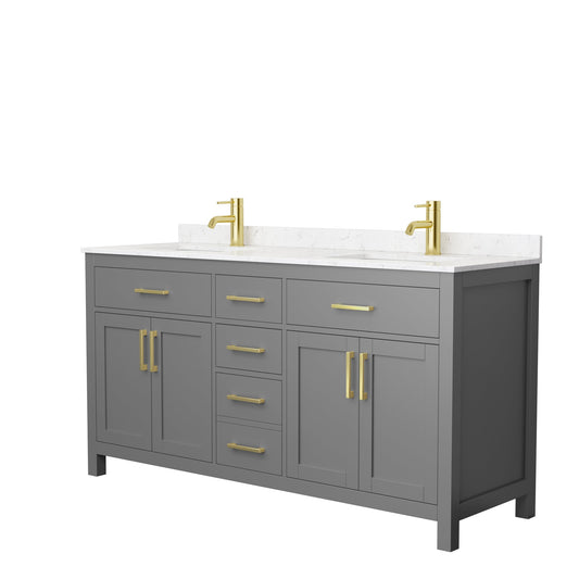 Wyndham Collection Beckett 66" Double Bathroom Dark Gray Vanity With White Carrara Cultured Marble Countertop, Undermount Square Sink And Brushed Gold Trim