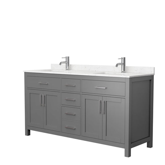 Wyndham Collection Beckett 66" Double Bathroom Dark Gray Vanity With White Carrara Cultured Marble Countertop, Undermount Square Sink And Brushed Nickel Trim