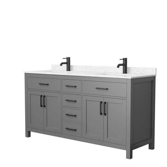 Wyndham Collection Beckett 66" Double Bathroom Dark Gray Vanity With White Carrara Cultured Marble Countertop, Undermount Square Sink And Matte Black Trim
