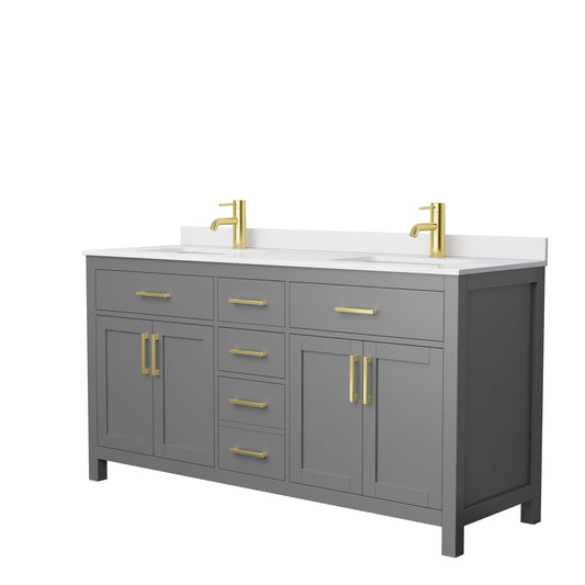 Wyndham Collection Beckett 66" Double Bathroom Dark Gray Vanity With White Cultured Marble Countertop, Undermount Square Sink And Brushed Gold Trim