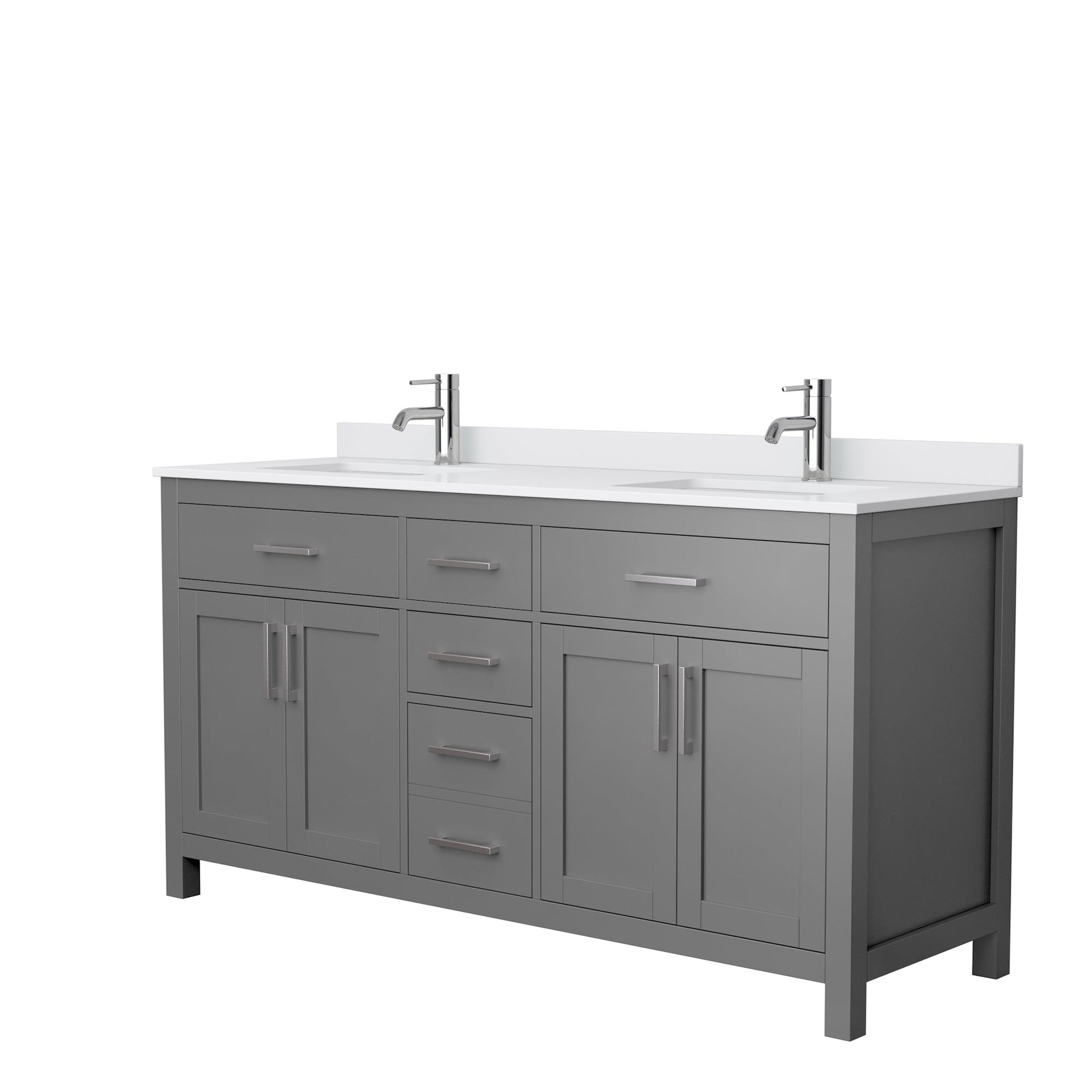 Wyndham Collection Beckett 66" Double Bathroom Dark Gray Vanity With White Cultured Marble Countertop, Undermount Square Sink And Brushed Nickel Trim