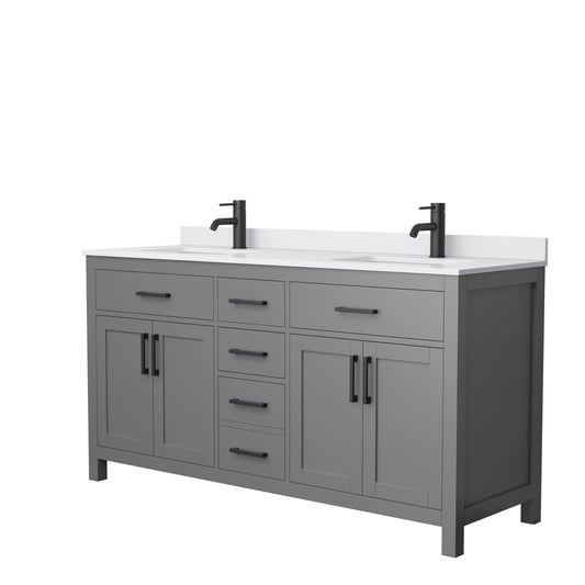 Wyndham Collection Beckett 66" Double Bathroom Dark Gray Vanity With White Cultured Marble Countertop, Undermount Square Sink And Matte Black Trim