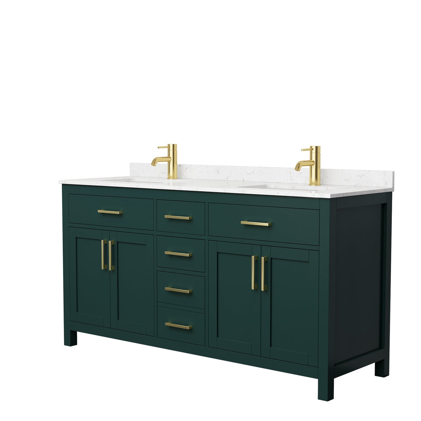 Wyndham Collection Beckett 66" Double Bathroom Green Vanity With White Carrara Cultured Marble Countertop, Undermount Square Sink And Brushed Gold Trim
