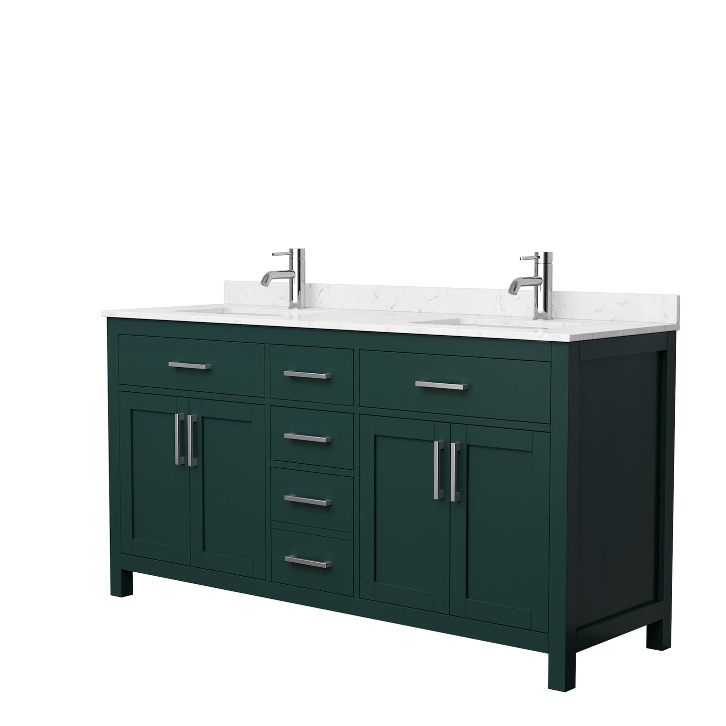 Wyndham Collection Beckett 66" Double Bathroom Green Vanity With White Carrara Cultured Marble Countertop, Undermount Square Sink And Brushed NIckel Trim