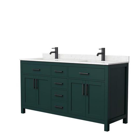 Wyndham Collection Beckett 66" Double Bathroom Green Vanity With White Carrara Cultured Marble Countertop, Undermount Square Sink And Matte Black Trim
