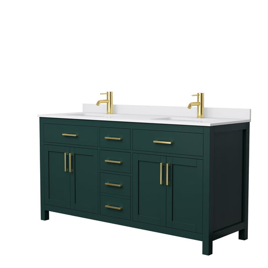 Wyndham Collection Beckett 66" Double Bathroom Green Vanity With White Cultured Marble Countertop, Undermount Square Sink And Brushed Gold Trim