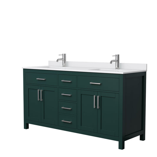 Wyndham Collection Beckett 66" Double Bathroom Green Vanity With White Cultured Marble Countertop, Undermount Square Sink And Brushed NIckel Trim