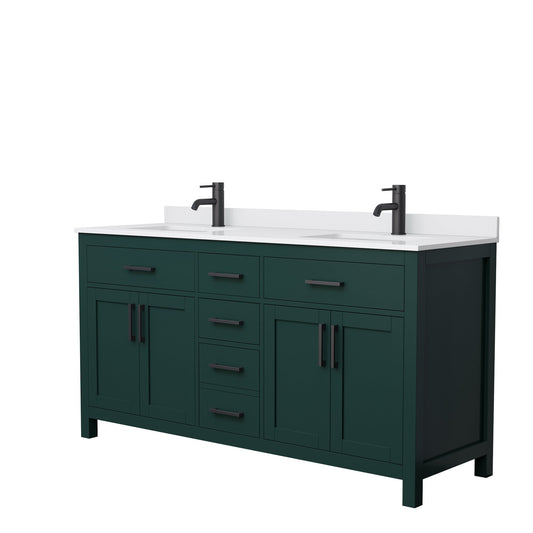 Wyndham Collection Beckett 66" Double Bathroom Green Vanity With White Cultured Marble Countertop, Undermount Square Sink And Matte Black Trim