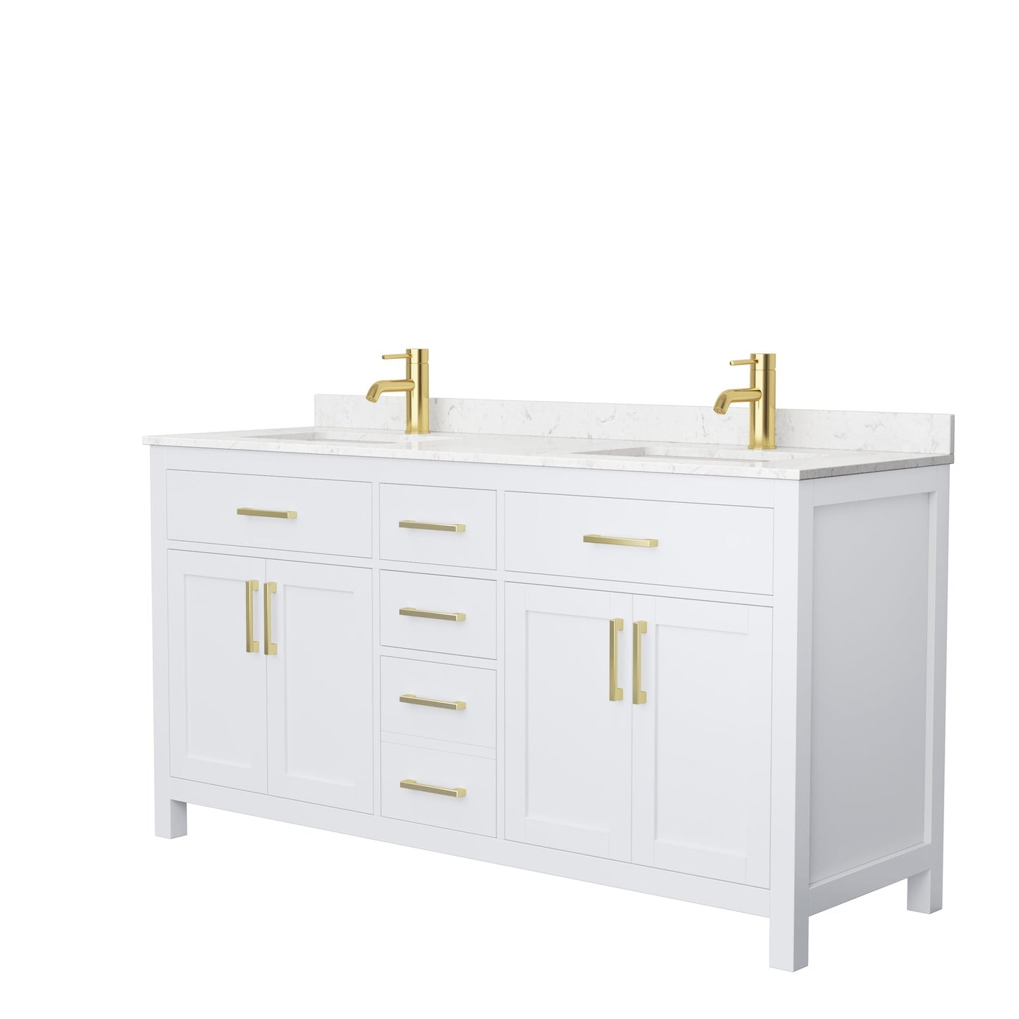 Wyndham Collection Beckett 66" Double Bathroom White Vanity With White Carrara Cultured Marble Countertop, Undermount Square Sink And Brushed Gold Trim