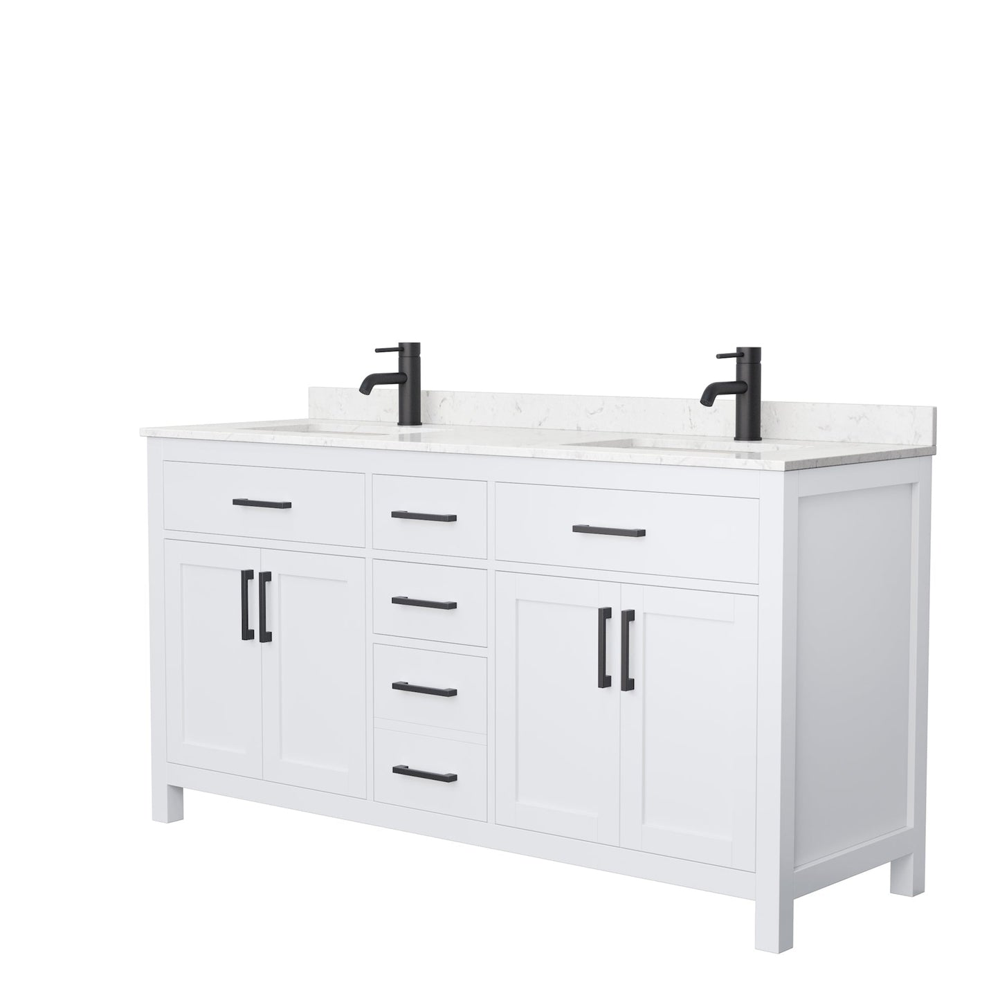 Wyndham Collection Beckett 66" Double Bathroom White Vanity With White Carrara Cultured Marble Countertop, Undermount Square Sink And Matte Black Trim