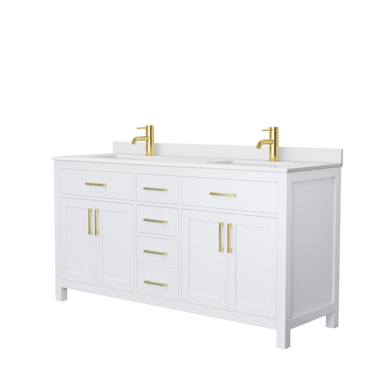 Wyndham Collection Beckett 66" Double Bathroom White Vanity With White Cultured Marble Countertop, Undermount Square Sink And Brushed Gold Trim