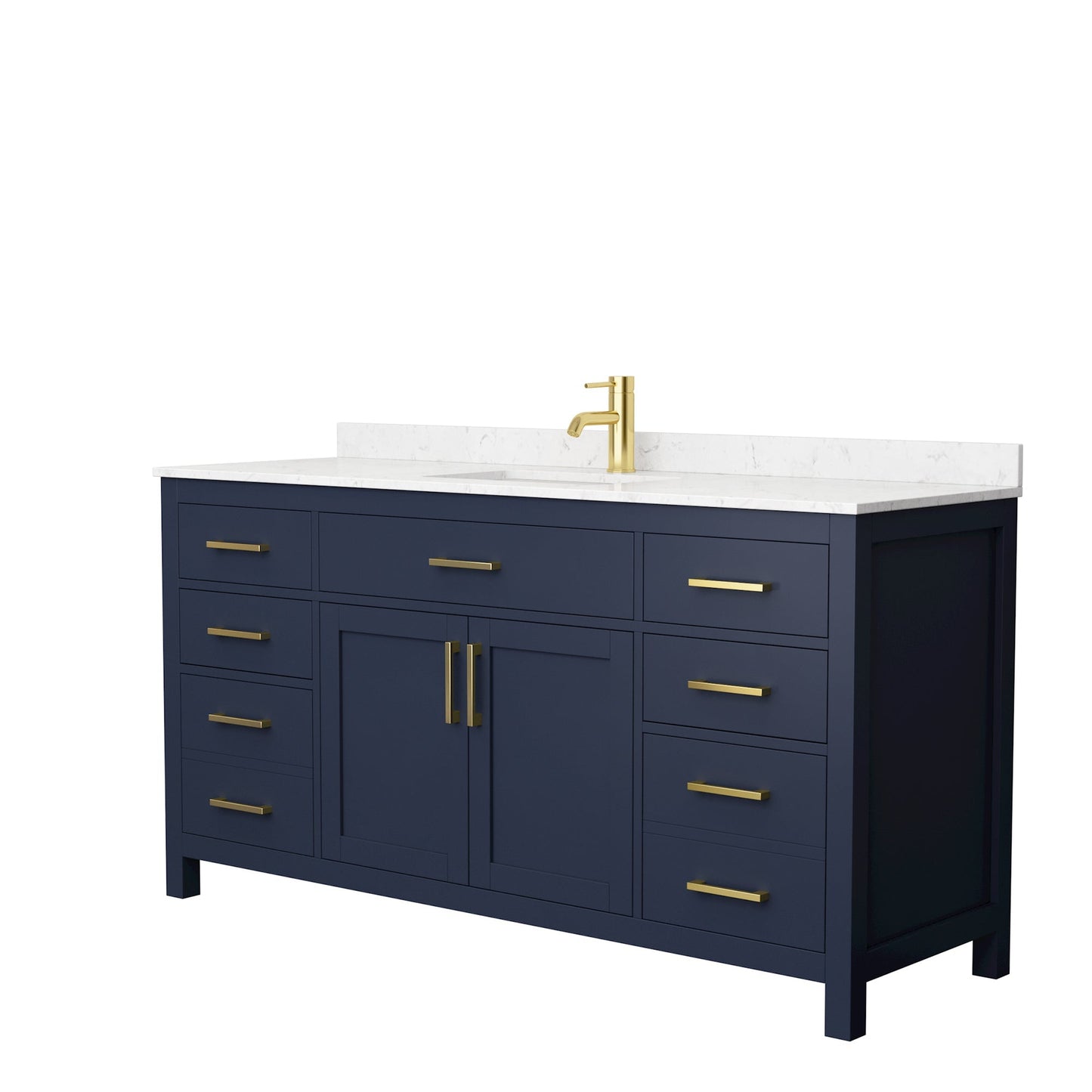 Wyndham Collection Beckett 66" Single Bathroom Dark Blue Vanity With White Carrara Cultured Marble Countertop, Undermount Square Sink And Brushed Gold Trim