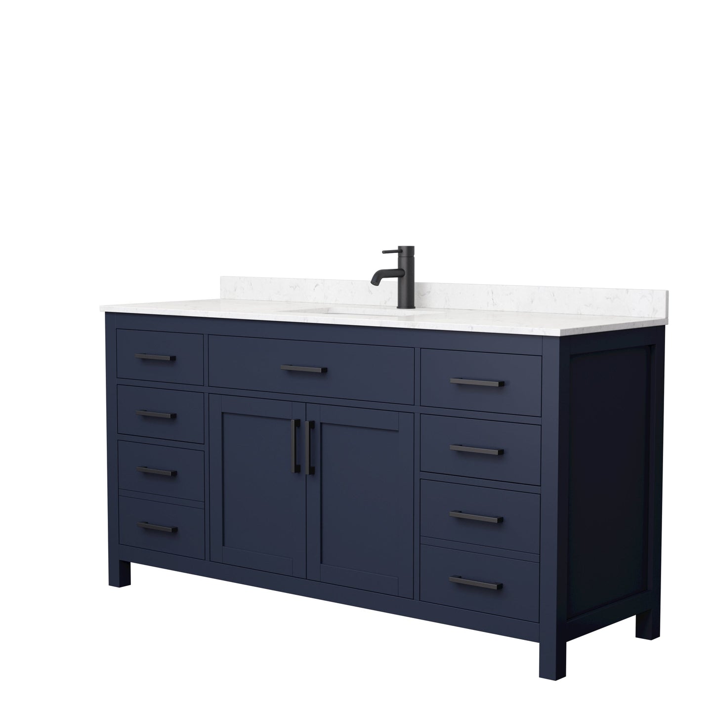 Wyndham Collection Beckett 66" Single Bathroom Dark Blue Vanity With White Carrara Cultured Marble Countertop, Undermount Square Sink And Matte Black Trim