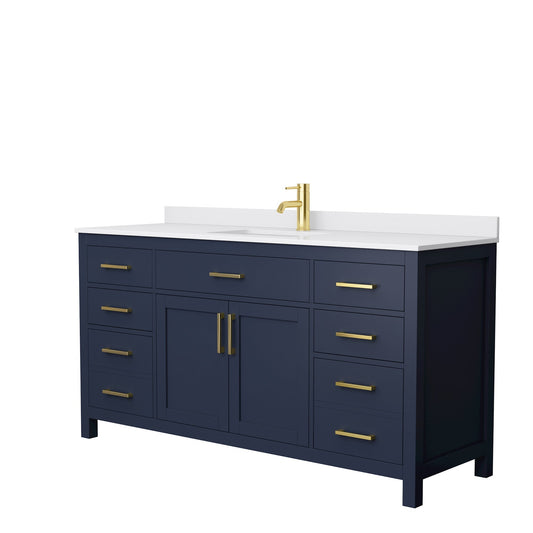 Wyndham Collection Beckett 66" Single Bathroom Dark Blue Vanity With White Cultured Marble Countertop, Undermount Square Sink And Brushed Gold Trim