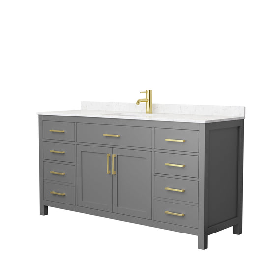 Wyndham Collection Beckett 66" Single Bathroom Dark Gray Vanity With White Carrara Cultured Marble Countertop, Undermount Square Sink And Brushed Gold Trim