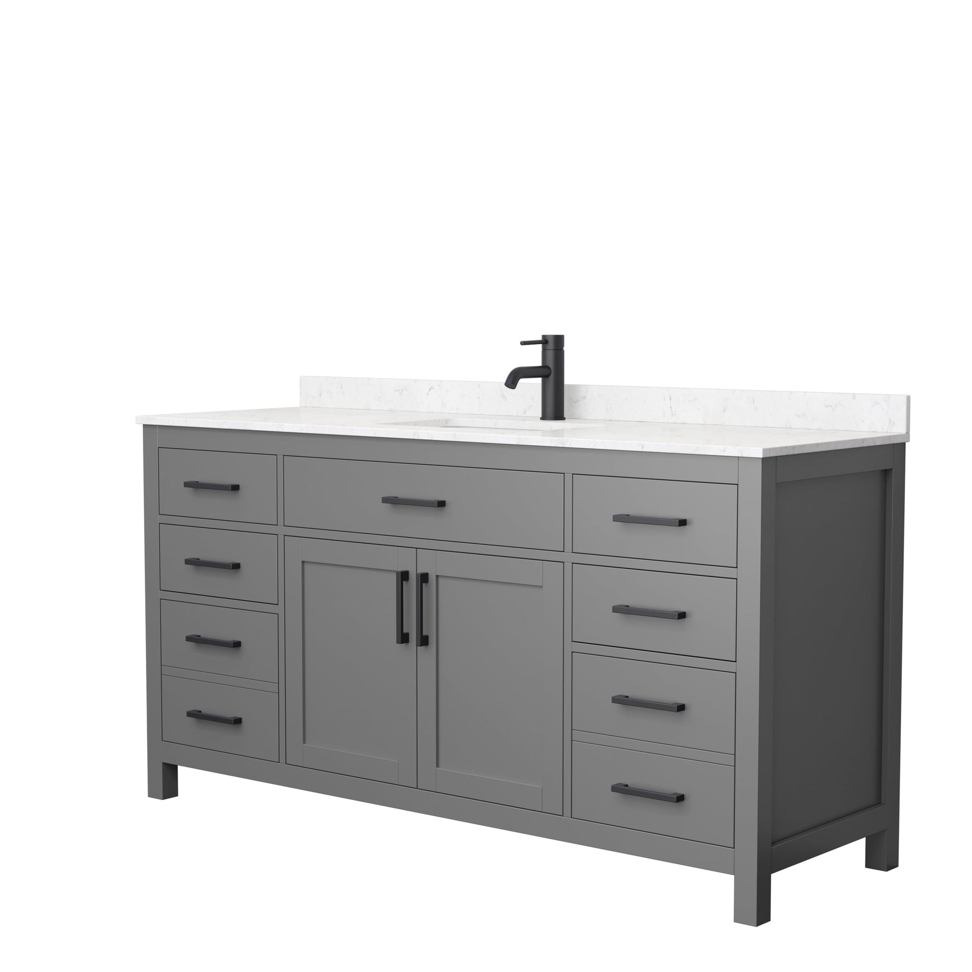 Wyndham Collection Beckett 66" Single Bathroom Dark Gray Vanity With White Carrara Cultured Marble Countertop, Undermount Square Sink And Matte Black Trim