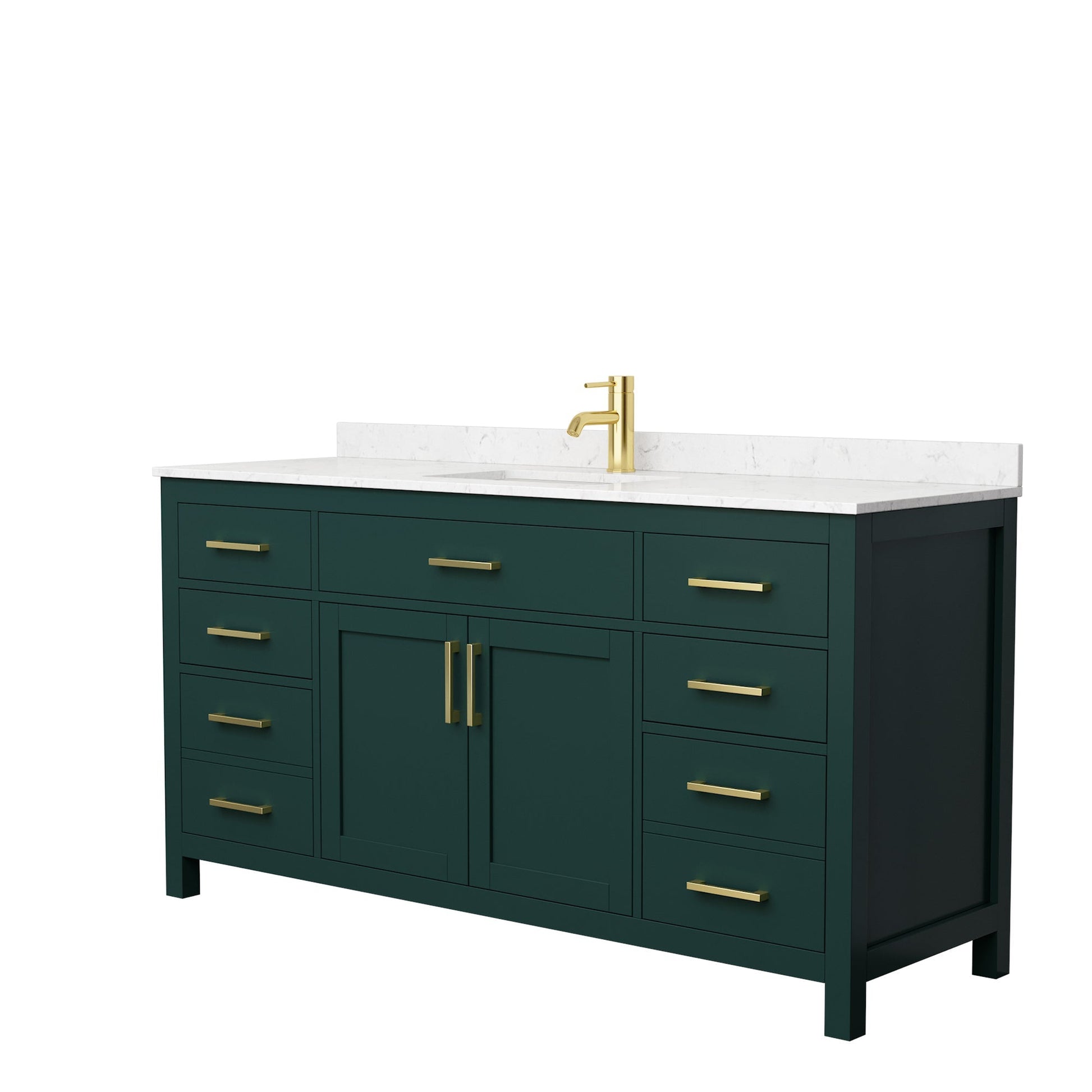 Wyndham Collection Beckett 66" Single Bathroom Green Vanity With White Carrara Cultured Marble Countertop, Undermount Square Sink And Brushed Gold Trim