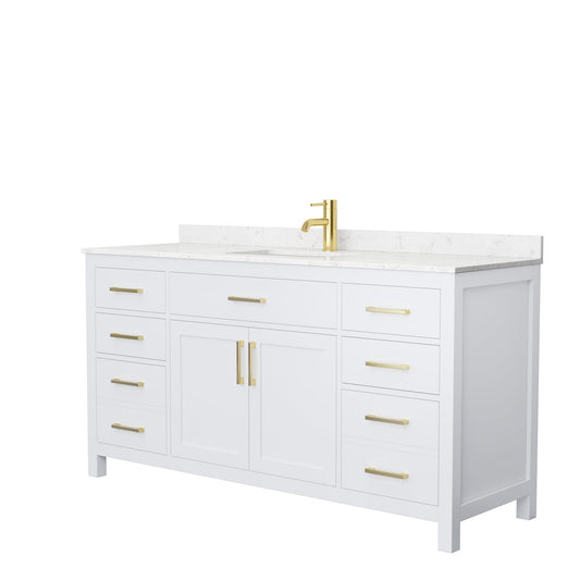 Wyndham Collection Beckett 66" Single Bathroom White Vanity With White Carrara Cultured Marble Countertop, Undermount Square Sink And Brushed Gold Trim