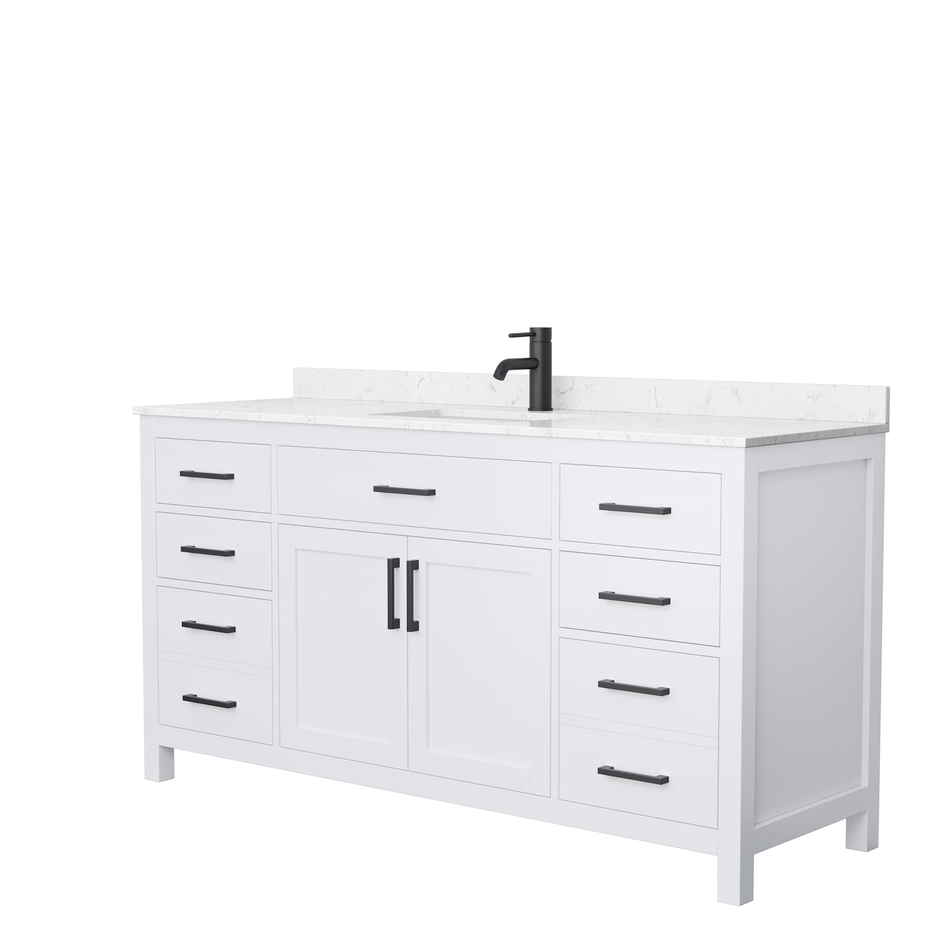 Wyndham Collection Beckett 66" Single Bathroom White Vanity With White Carrara Cultured Marble Countertop, Undermount Square Sink And Matte Black Trim