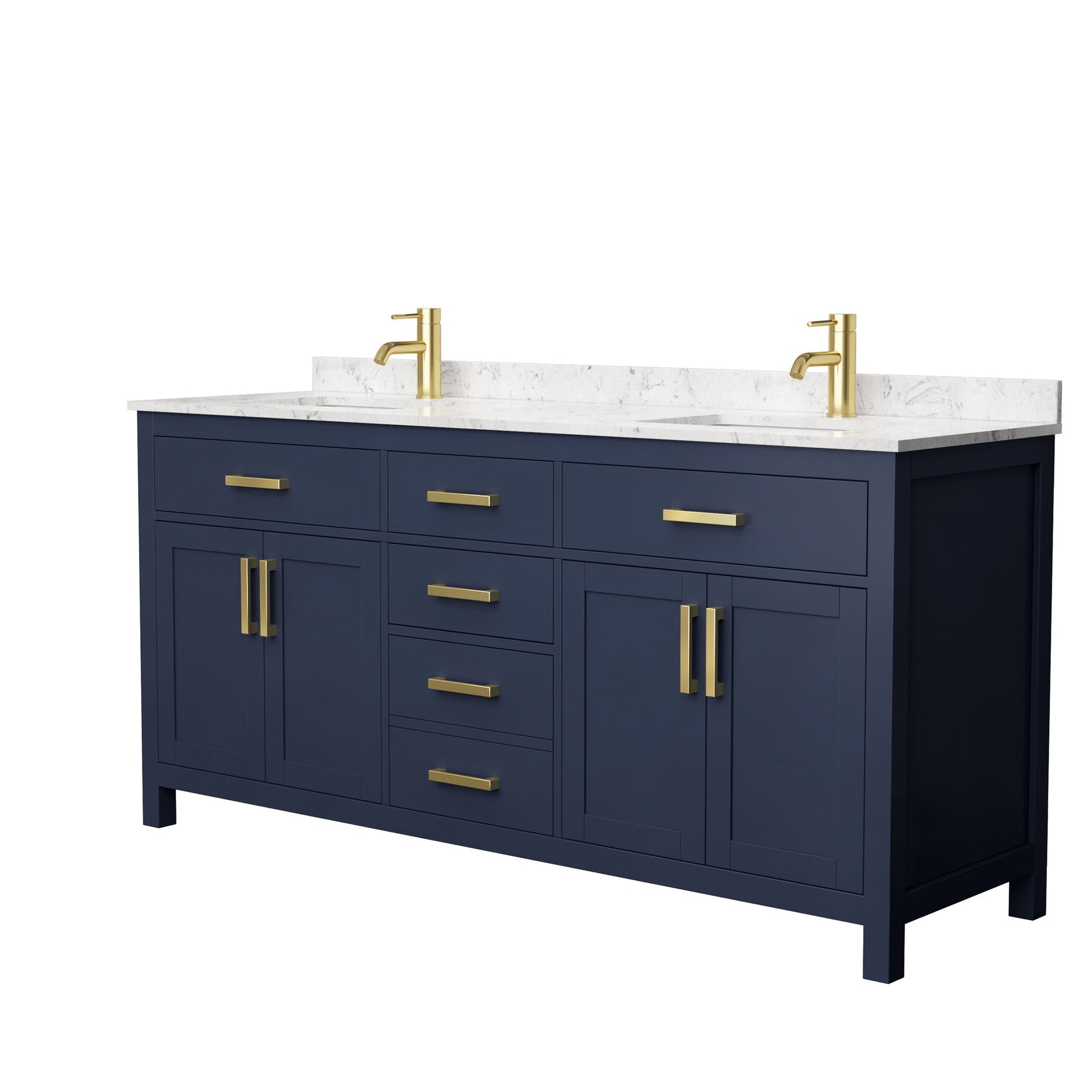 Wyndham Collection Beckett 72" Double Bathroom Dark Blue Vanity With White Carrara Cultured Marble Countertop, Undermount Square Sink And Brushed Gold Trim